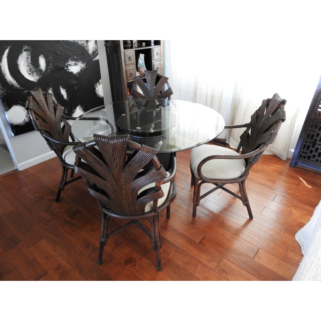 Mid-Century Modern Vintage Philippine Rattan & Glass 5-Piece Dining Set With Sculptural Palm Frond Details For Sale - Image 3 of 15