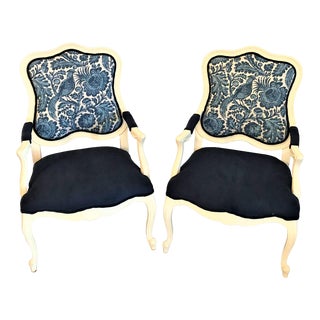 Waverly Williamsburg (After Scalamandre) & Velvet Louis XV Fauteuils - a Pair For Sale
