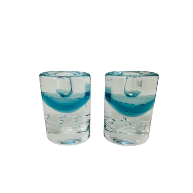 Vintage Iittala Arktia Glass Candle Holders Pair - Designed by Timo Sarpaneva - Finland 1980s Art Glass - Blue Core & Bubbles With Original Label For Sale - Image 10 of 10