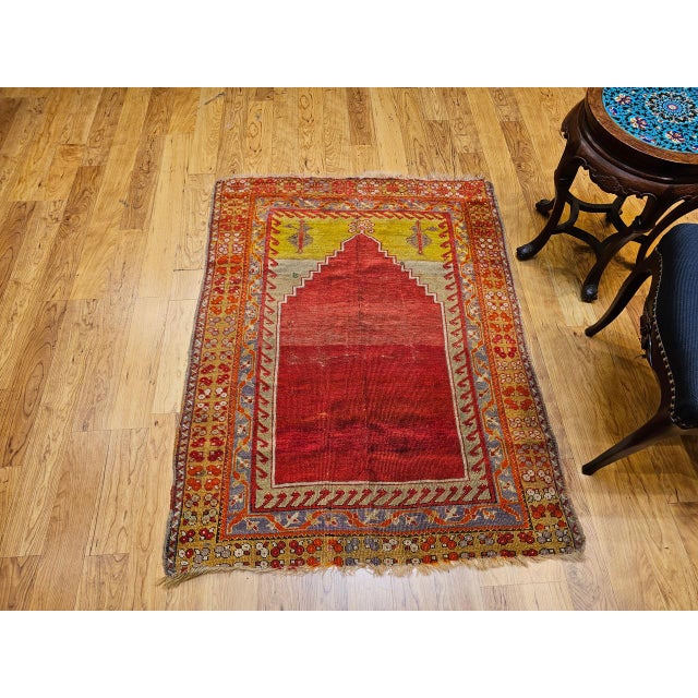 Vintage Turkish Prayer Area Rug, Hand-Knotted Wool, 4x5, Abrash Red & Yellow For Sale - Image 4 of 14