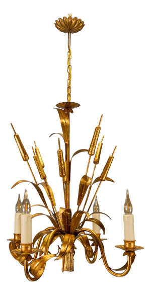 Mid-Century Hollywood Regency Chandelier with Cattail Motifs, 1950s