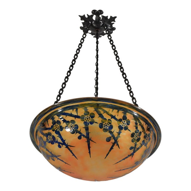 French Art Deco Pendant Light by Le Verre Francais Schneider - 1925 Cameo Chandelier France For Sale