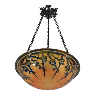 Schneider Le Verre Francais Aubepines Pendant Chandelier 1920s - Wrought Iron & Orange Cameo Glass For Sale