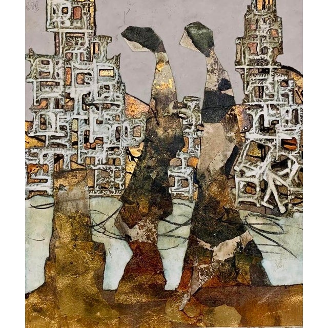 A gilded skyline rises in the distance, built from dense gold leaf that catches light against the cooler steel blue and...