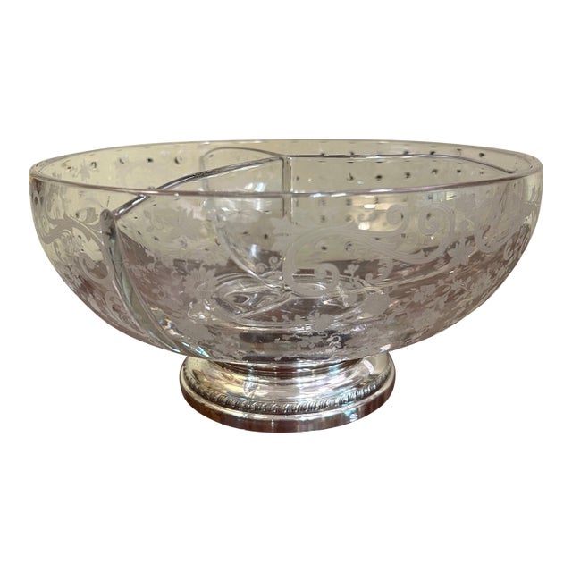 Cambridge Glass Co. "Chantilly" 10" Divided Etched Glass Bowl, With Wallace Sterling Silver Foot, C. 1950's For Sale