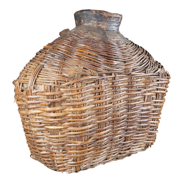 Late 19th Century Antique Chinese Woven Willow Oil Container Food Storage Basket Vessel Jar For Sale