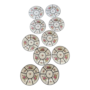1910s Crown Staffordshire Fine Bone China Salad Plates Black Art Deco Bands With Floral Bouquets – Made in England -Set of Ten