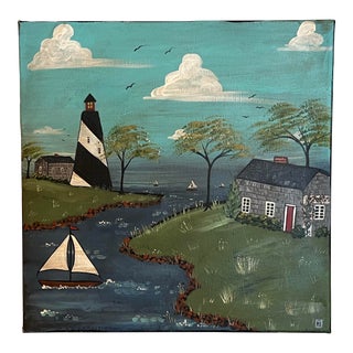 Contemporary Folk Art Coastal Landscape Acrylic Painting on Canvas, Signed & Dated For Sale
