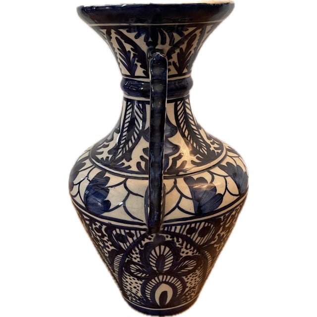 French Provincial 1930s French Hand-Painted Blue & White Terracotta Vase | Montpellier Pottery For Sale - Image 3 of 7