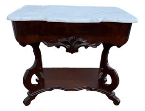 Antique American Rococo Revival Style Flame Mahogany Marble Top Console Table.