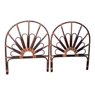 Rattan Oval Half Moon Boho Chic Tropical British Colonial Island Dark Wood Twin Headboards- a Pair For Sale