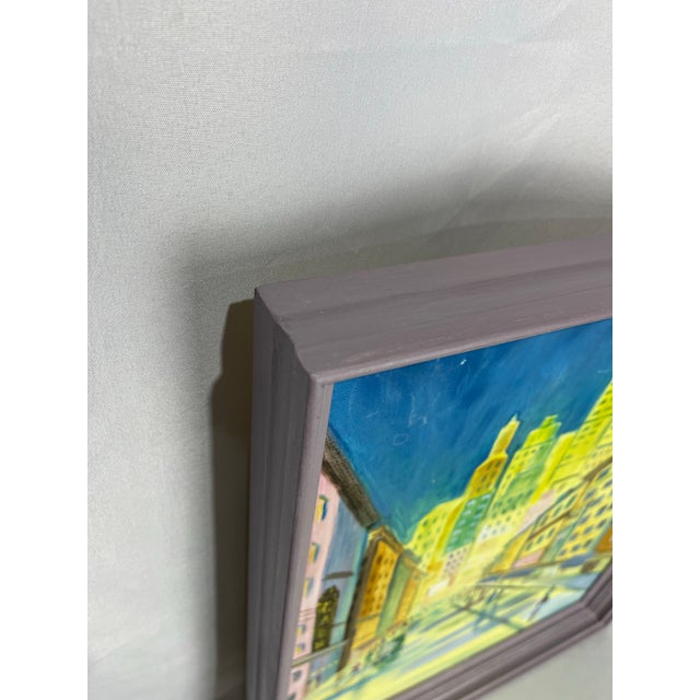 Royal Blue 1970s Whimsical Mid-Century Modern Cityscape Painting in Lavender Frame For Sale - Image 8 of 11