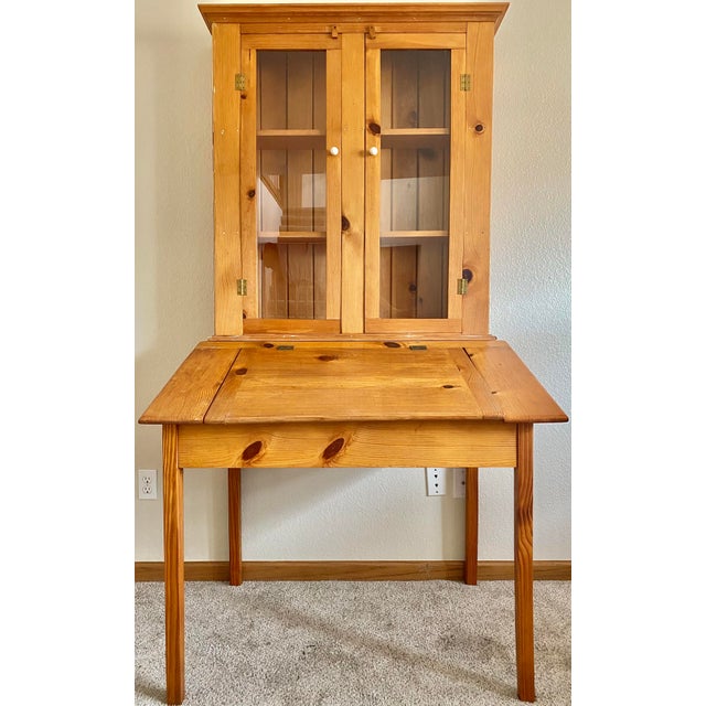 American Slim Profile 1970s Shaker Style Pine Desk and Hutch + Glass Doors, 2 Pieces For Sale - Image 3 of 14
