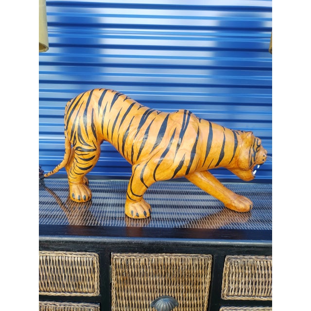 1980s Vintage Large Leather Wrapped Whimsical Tiger Decorative Statue Room Decor For Sale - Image 5 of 10