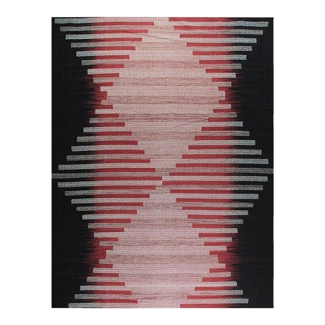 6x9 Black Flat Weave Wool Hourglass Motif Geometric Modern Carpet Rug For Sale