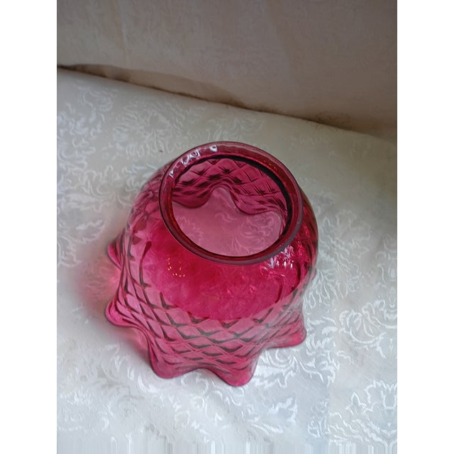 American Mid-Century Fenton Style Diamond Quilted Cranberry Glass Ruffled Lamp Shade For Sale - Image 3 of 9