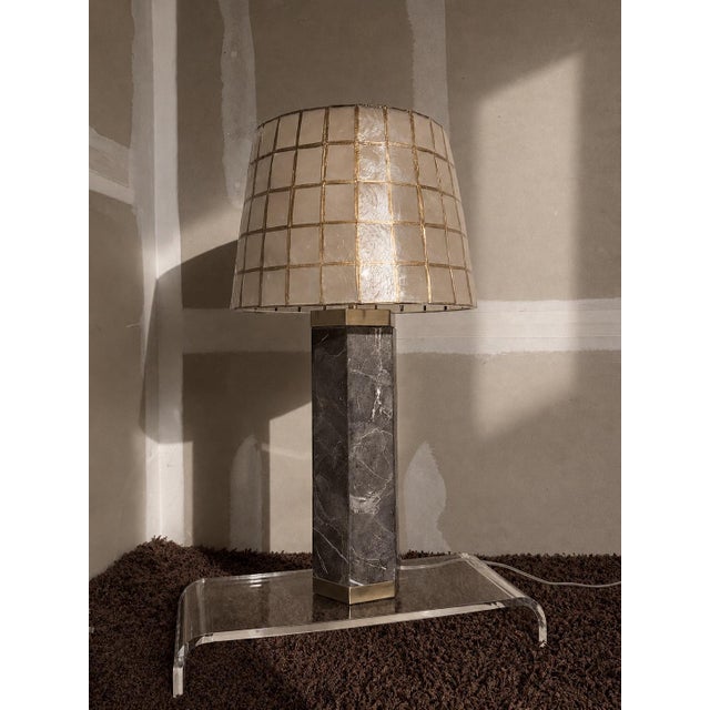 1980s 1980s Marble Column Table Lamp With Capiz Shell Grid Shade For Sale - Image 5 of 5