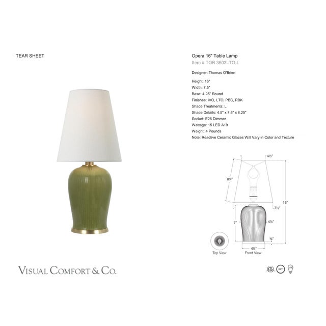 Thomas O'Brien by Visual Comfort Signature Opera 16" Table Lamp in Light Olive with Linen Shade Designer: Thomas O'Brien...