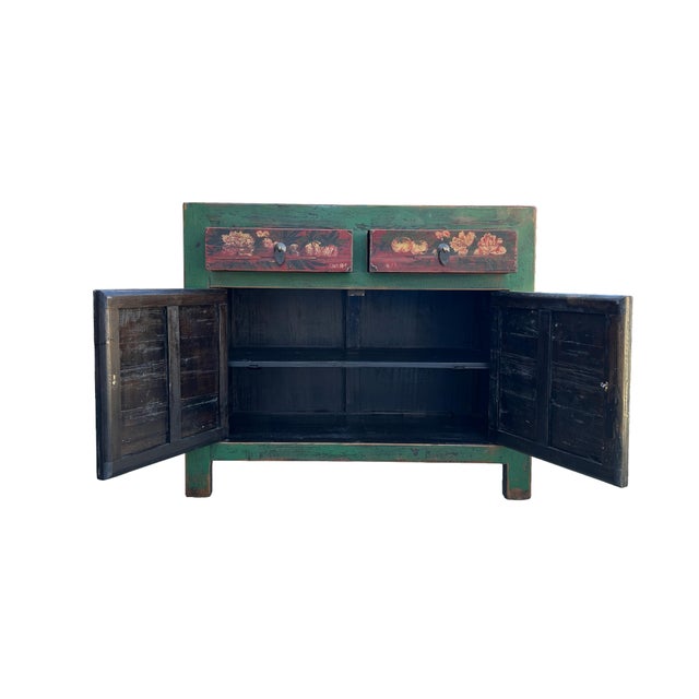 Rustic Vintage Distressed Rich Green Red Floral Graphic Credenza Sideboard Cabinet For Sale - Image 3 of 9