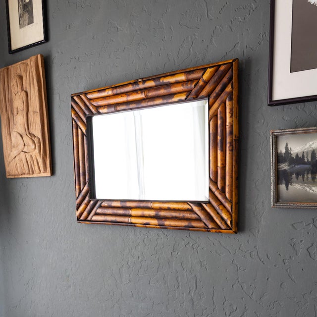 Vintage Tortoise Shell Burnt Bamboo Bevelled Mirror For Sale - Image 10 of 15
