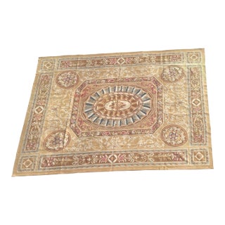 Aubusson Flatweave Rug in Gold, Beige-Brown & Blue Florals For Sale