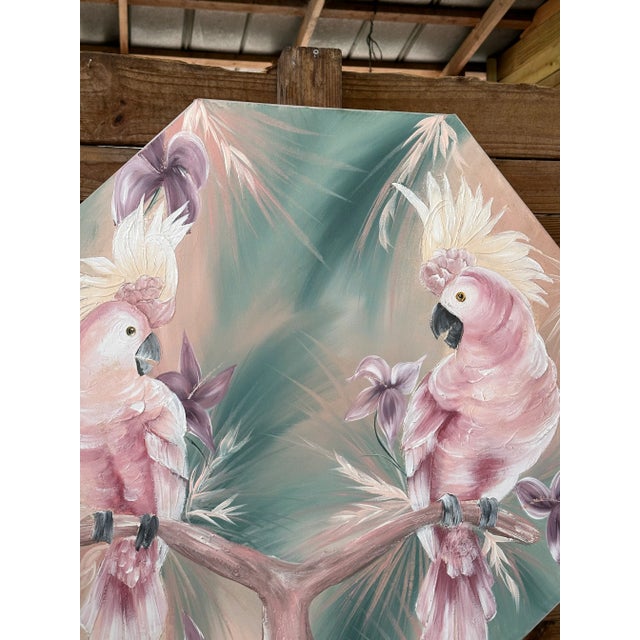 Coastal 1980’s Coastal Tropical Cockatoo Oil Painting Signed Walcutt For Sale - Image 3 of 13