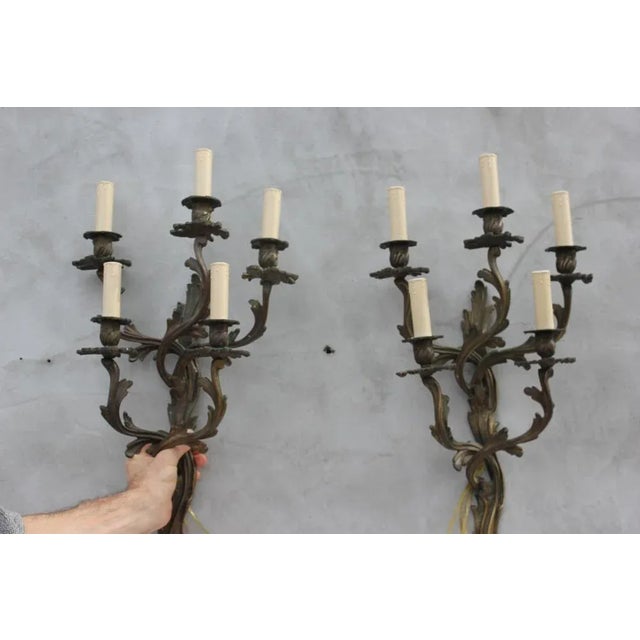 Metal Large Louis XV Style Bronze Sconces with 5 Bulb Lights, Set of 2 For Sale - Image 7 of 11