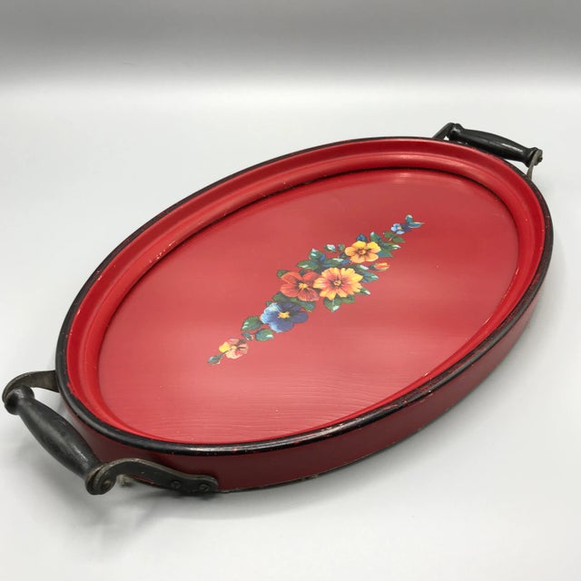 Painted Flowers on Red Paper Composite Glass Top Dresser Tray 1940's For Sale - Image 13 of 13