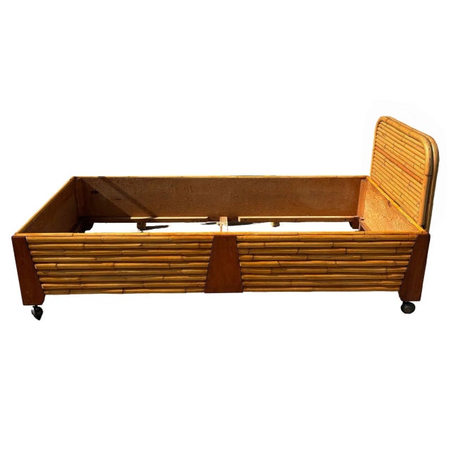 1930s Restored Art Deco Geometric Stacked Rattan and Mahogany Twin Bed Frame For Sale - Image 4 of 7