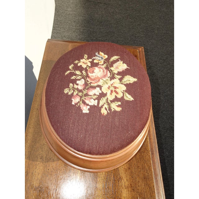 Footstool - Vintage French Country Burgundy Floral Needlepoint Petite Footstool For Sale In Los Angeles - Image 6 of 13