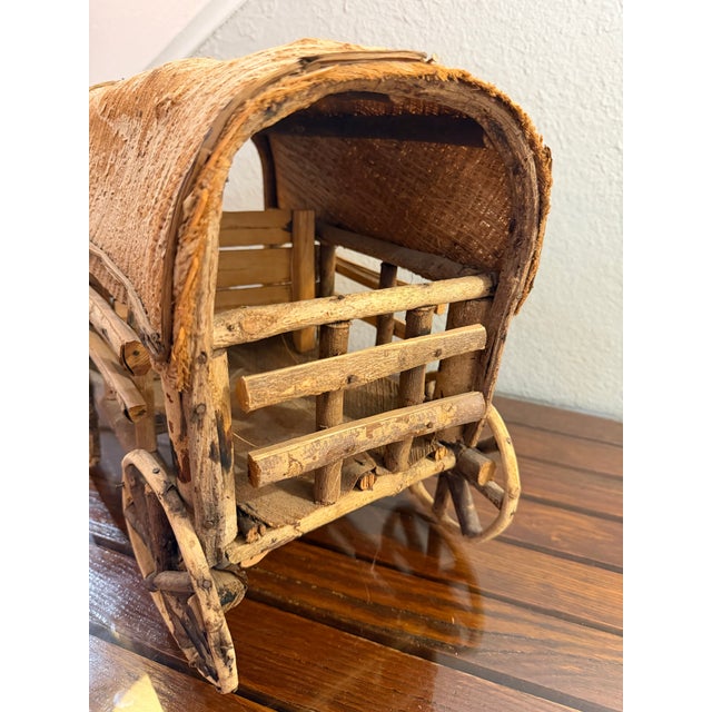 Vintage 1940s Adirondack Western Twig and Bark Handmade Covered Wagon Folk Art With Four Handcarved Wooden Horses and Two Drivers Figures For Sale - Image 12 of 12