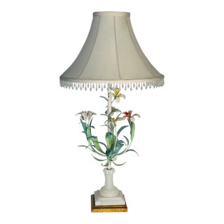 Vintage Tole Flower Alabaster Table Lamp For Sale