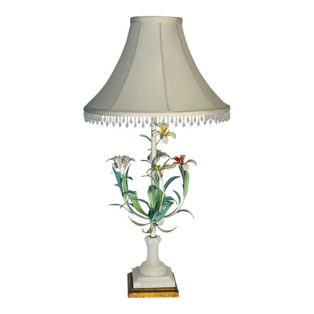 Vintage Tole Flower Alabaster Table Lamp For Sale