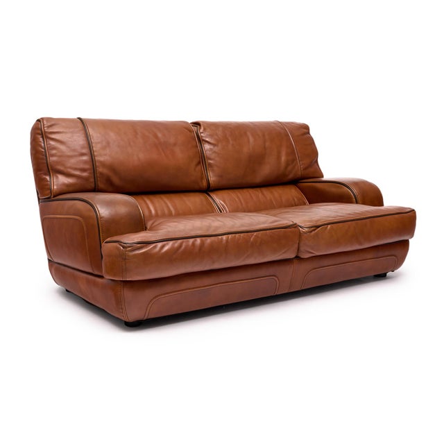 Mid-Century Modern Italian Modernist Cognac Large Two Seat Leather Sofa For Sale - Image 3 of 9