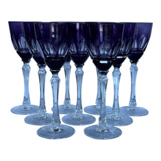 Kusak Glassworks Amethyst Cut to Clear Tall Wine Goblet - Set of 9 For Sale
