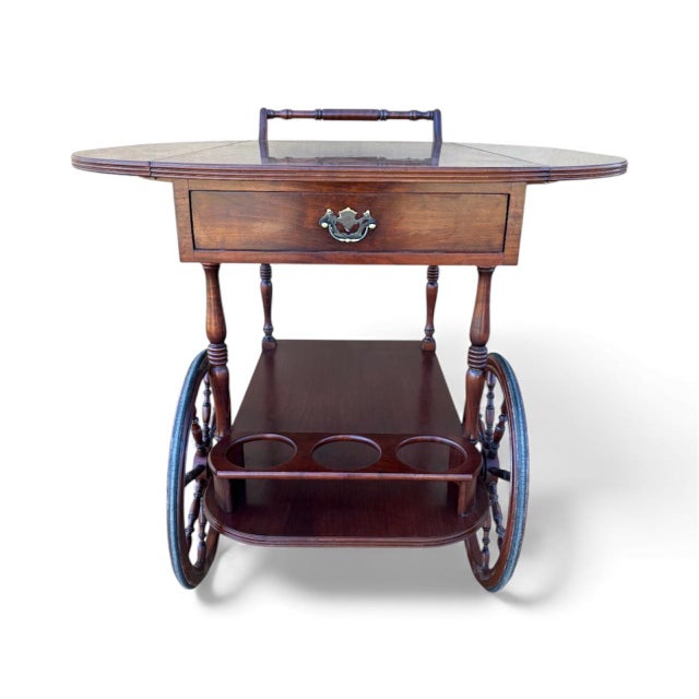 Vintage Wood Bar Cart with Spoked Wheels and Drawer, 1950s For Sale - Image 11 of 11
