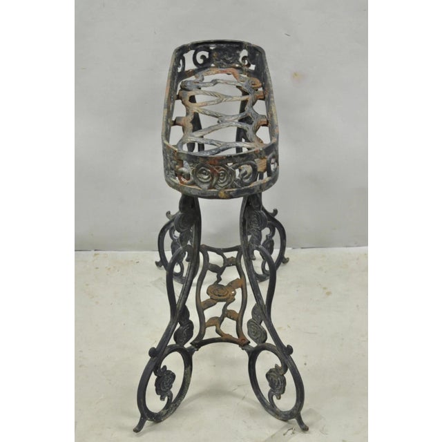 Vintage French Art Nouveau Style Heavy Wrought Iron Garden Planter Plant Stand For Sale - Image 16 of 17