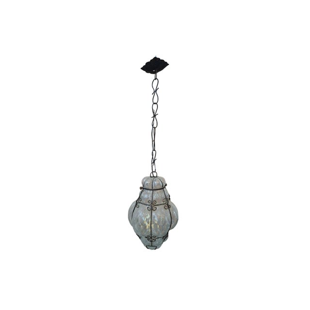 Glass Vintage Pendant Lamp in Blown Glass and Wrought Iron, 1990 For Sale - Image 7 of 8
