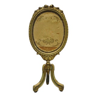 Antique French Louis XVI XV Carved Giltwood Green & Gold Oval Fireplace Screen For Sale