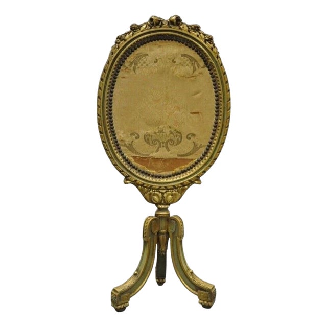 Antique French Louis XVI XV Carved Giltwood Green & Gold Oval Fireplace Screen For Sale