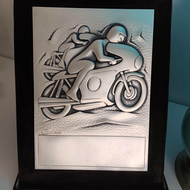 Vintage 925 Sterling Silver Motorcycle Racing Trophy Plaque by Ottaviani, Italy, 1970s For Sale - Image 6 of 11