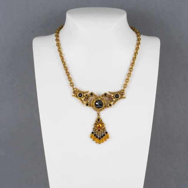 Henry Perichon Bronze Necklace With Black Jet and Topaz Glass Cabochons For Sale - Image 4 of 11