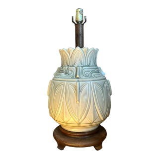 Vintage Glazed Ceramic Table Lamp With Wood Base For Sale