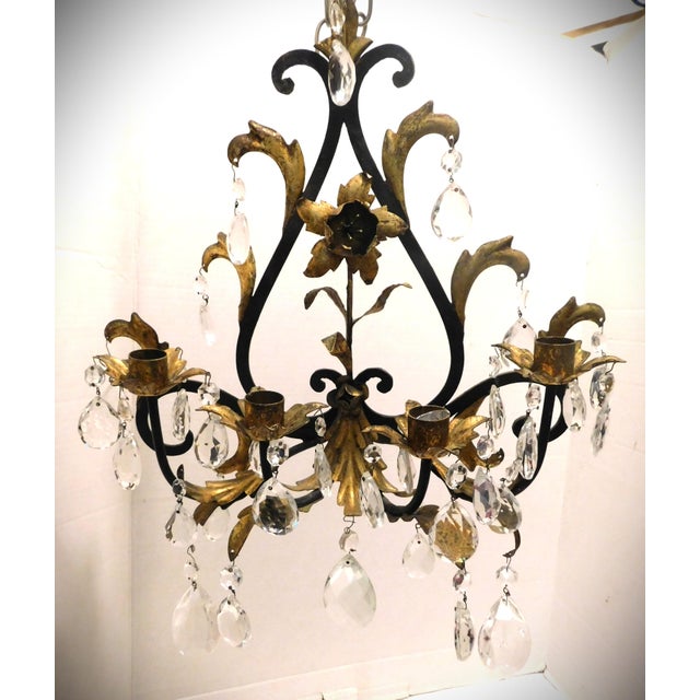 Black Black and Gold Gilt Metal Floral Wall Sconce, Teardrop Crystals, Candleholders For Sale - Image 8 of 14