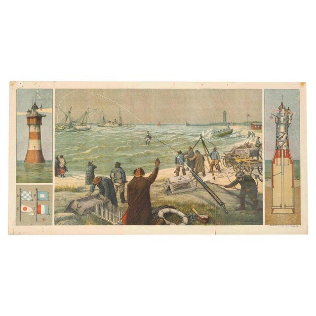 Large Chromolithograph Lighthouse Rescue School Plate by Josef Klemm, 1900s For Sale - Image 9 of 9