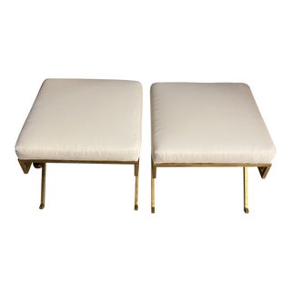 Burke Decor Upholstered White Ottomans With Gold Greek Legs - a Pair For Sale