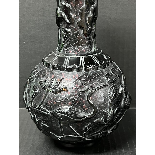 Chinese Art Dark Brown Peking Glass Overlay Bottle Neck Vase With Bird and Floral Design For Sale In New York - Image 6 of 10