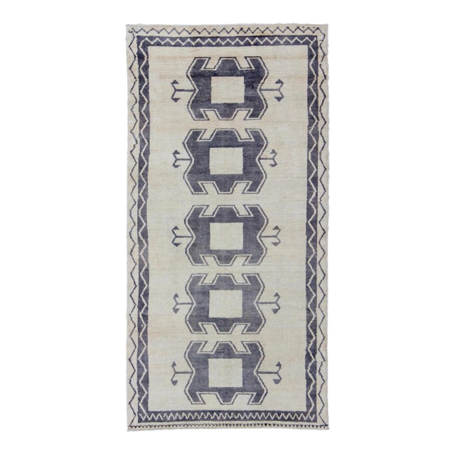 Deep Purple Blue and Cream Midcentury Turkish Tulu Rug With Tribal Design For Sale