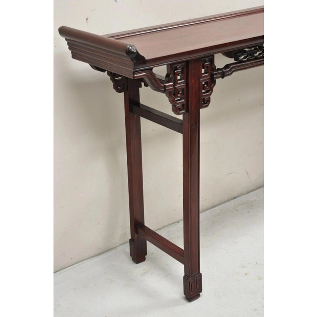 Vintage Chinese Oriental Fretwork Carved Hardwood Altar Console Hall Table For Sale - Image 4 of 12