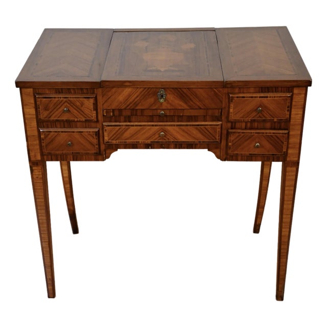 1890 Antique French Louis XVI Satinwood & Walnut Inlaid Makeup Vanity Ladies Desk For Sale